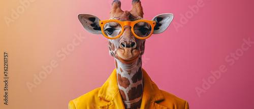 A quirky and colorful image of a giraffe dressed in human fashionable attire with yellow glasses and a yellow jacket The giraffe's expression gives a comedic touch © Daniel