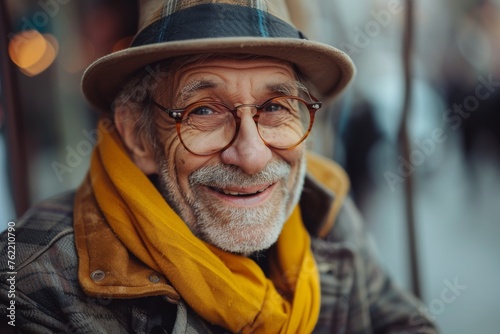 Elderly man smiling at camera. A close-up portrait of an elderly, man with a warm smile, wearing fashionable clothes.