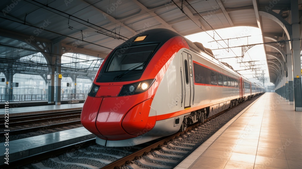 Fototapeta premium Red and White Train Arriving at Station