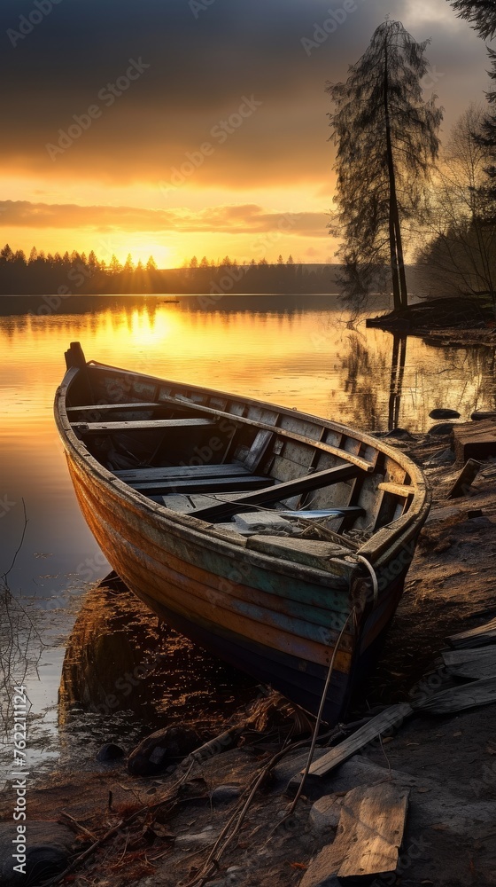 Boat Resting on Lake Shore at Sunset