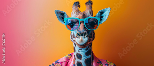 A giraffe stylishly poses in sunglasses and a vivid floral shirt against a vibrant orange background © Daniel