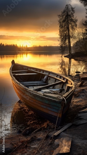 Boat Resting on Lake Shore at Sunset
