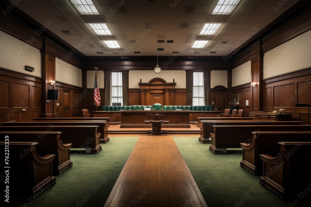 Courtroom with benches and carpet Courtroom with benches and carpet