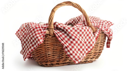 A traditional wicker picnic basket, adorned with a red and white checkered cloth, presented against a white setting
