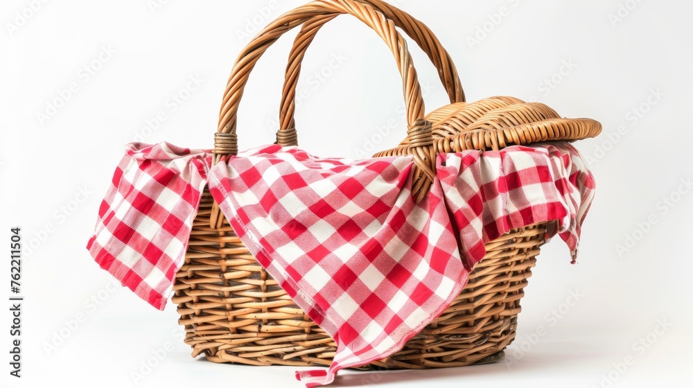 A traditional wicker picnic basket, adorned with a red and white checkered cloth, presented against a white setting