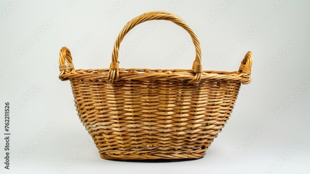 A vacant wicker basket equipped with handles, showcased in isolation against a white background A vacant wicker basket equipped with handles, showcased in isolation against a white background