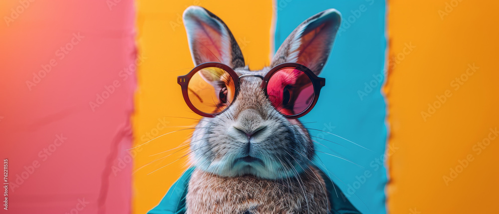 Stylish rabbit wearing sunglasses split by a colorful blue and orange background, chic and fun
