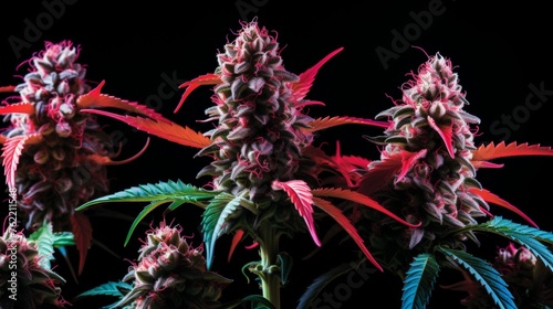 Vibrant cannabis leaves against dark backdrop form striking abstract composition.