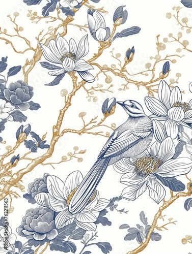 a traditional Chinese pattern line drawing , imple lines 、blue and white，vector、Wood engraving、texture design,Magnolia Bird Line, beautiful natural scenery photo