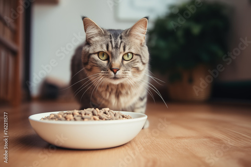 Cat eagerly eating dry kibble from a bowl in the kitchen in the morning. Generative AI