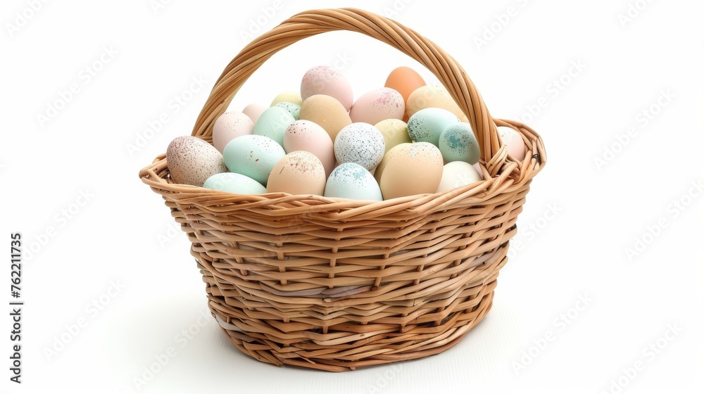 A woven basket holding a multitude of Easter eggs in pastel shades, isolated on a white background with a clipping path included for precision A woven basket holding a multitude of Easter eggs in pastel shades, isolated on a white background with a clipping path included for precision