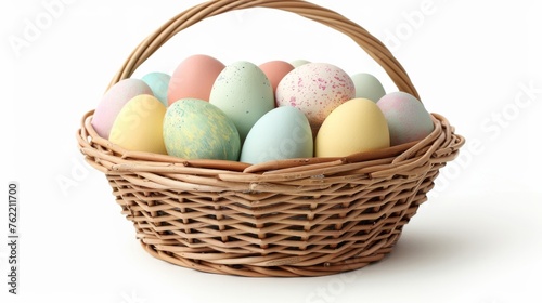 A woven basket holding a multitude of Easter eggs in pastel shades, isolated on a white background with a clipping path included for precision