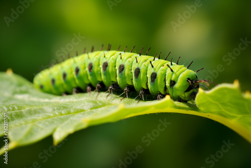 Green caterpillar munching on vibrant leaf, showcasing details of its tiny mandibles and colorful body. Generative AI