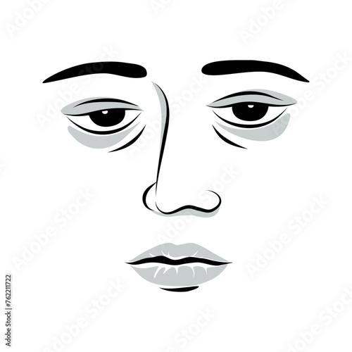 The face of a bored woman and dissatisfied in close up view hand drawn black line drawing.