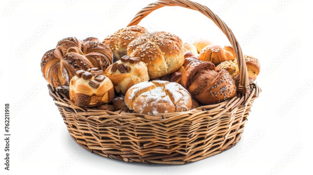 An array of baked goods, including bread and rolls, neatly contained within a wicker basket, isolated on white