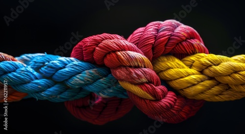A knot made from a colorful rope with a black background. Strong teamwork and team connection concept.