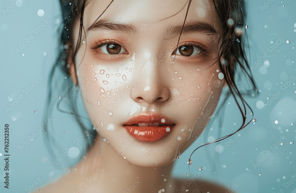 Beautiful Asian girl, in the sea of glassy water, wearing light makeup and lipstick, looking at the camera with a happy smile