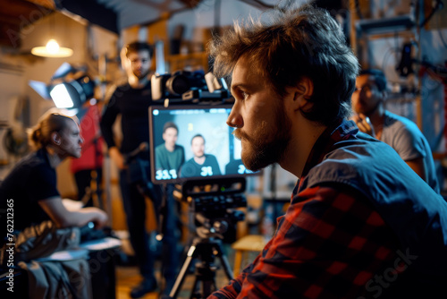 Behind scenes of video production or photoshoot with professional camera equipment and crew team working in studio. Filmmaking and entertainment concept. Close-up of videographer filming