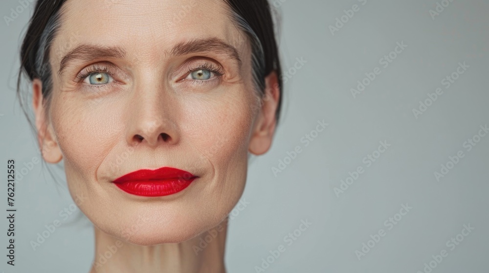 Sophisticated and elegant middle aged woman with striking red lipstick, embodying grace and timeless beauty. Confident beauty in midlife. World Menopause Day. Menopause skincare, beauty and wellbeing Sophisticated and elegant middle aged woman with striking red lipstick, embodying grace and timeless beauty. Confident beauty in midlife. World Menopause Day. Menopause skincare, beauty and wellbeing