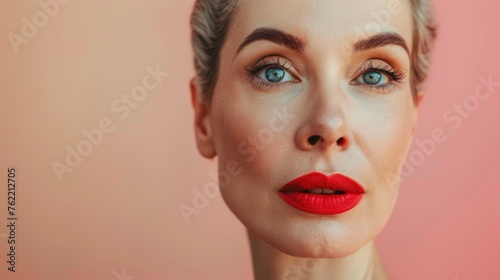 A mature woman's captivating portrait, her striking red lips contrast with her soft grey hair, highlighting her timeless beauty against a rose backdrop. World Menopause Day. Menopause skincare