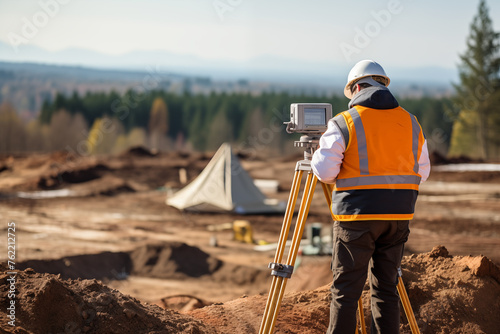 Construction worker surveyor meticulously measuring and analyzing terrain. Generative AI photo