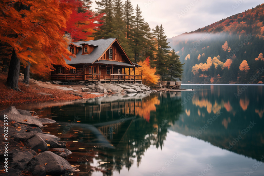 Fototapeta premium Cozy cabin nestled beside a tranquil mountain lake surrounded by autumn foliage. Generative AI