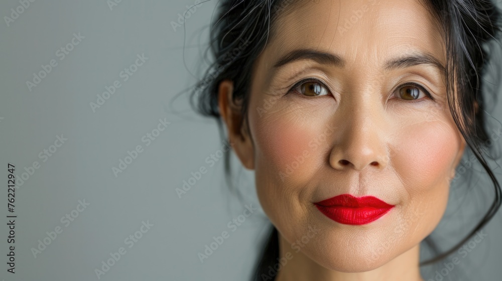 A mature Asian woman with dark hair and classic red lipstick looks into the distance, her subtle smile radiating quiet confidence. Confident beauty in midlife. World Menopause Day. Menopause skincare A mature Asian woman with dark hair and classic red lipstick looks into the distance, her subtle smile radiating quiet confidence. Confident beauty in midlife. World Menopause Day. Menopause skincare