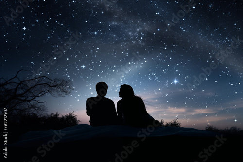 Loving couple stargazing under a blanket of twinkling stars on a clear night. Generative AI