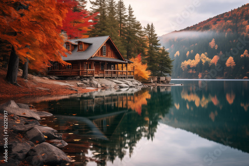 Cozy cabin nestled beside a tranquil mountain lake surrounded by autumn foliage. Generative AI