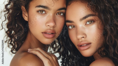 A tender portrait of two young sisters with natural curls and sun-kissed freckles, their closeness and shared features embodying familial warmth, sibling day