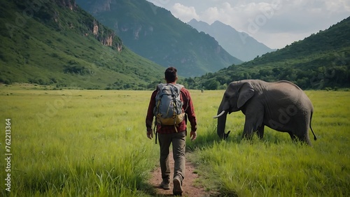 Man with a backpack and an elephant in the highlands
