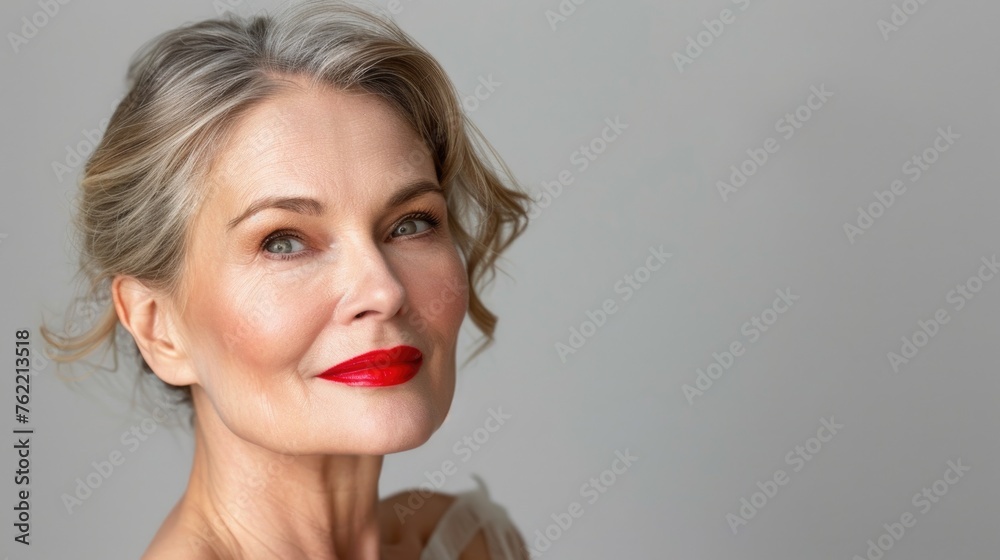 A mature woman's close-up portrait with red lipstick, aging model, beauty. Menopause. Confident senior businesswoman. Red lipstick and elegance. Natural skin A mature woman's close-up portrait with red lipstick, aging model, beauty. Menopause. Confident senior businesswoman. Red lipstick and elegance. Natural skin
