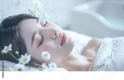 A beautiful Asian woman lying down on a white towel in a spa with her eyes closed. Soft light and a white background, with flowers blooming around her