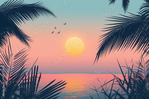 Tropical beach sunset with palm silhouette. Illustration of ocean view with evening sky gradient. Summer travel and vacation concept for design and print
