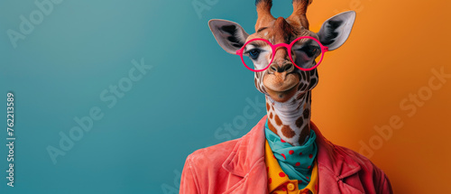 A striking giraffe dressed in trendy clothing and pink glasses is against a colorful background