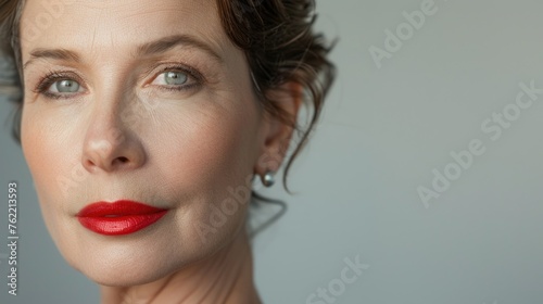 A mature woman's close-up portrait with red lipstick, aging model, beauty. Menopause. Confident senior businesswoman. Red lipstick and elegance. Natural skin