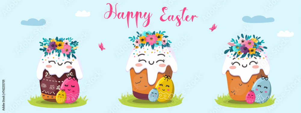 Vector illustration of Easter kulich set with wreath of flowers.   On a light background for postcards, banners.