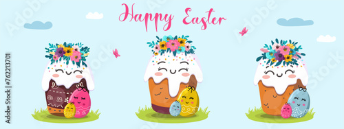 Vector illustration of Easter kulich set with wreath of flowers.   On a light background for postcards, banners.