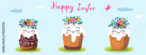 Vector illustration of Easter kulich set with wreath of flowers.   On a light background for postcards, banners.