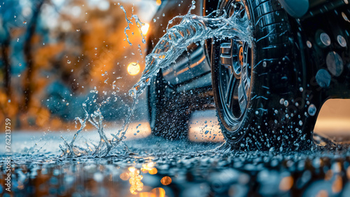 Car's wheels are driving through a puddle, splashing water everywhere. Blurred bokeh background, soft selective focus. photo