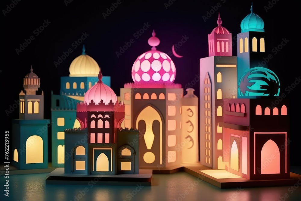 Obraz premium layered paper cutout islamic greeting card for Ramadan kareem or ied mubarak background