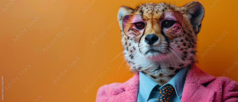 A sophisticated cheetah dressed in a pink coat, tie, and eyeglasses poses against an orange backdrop