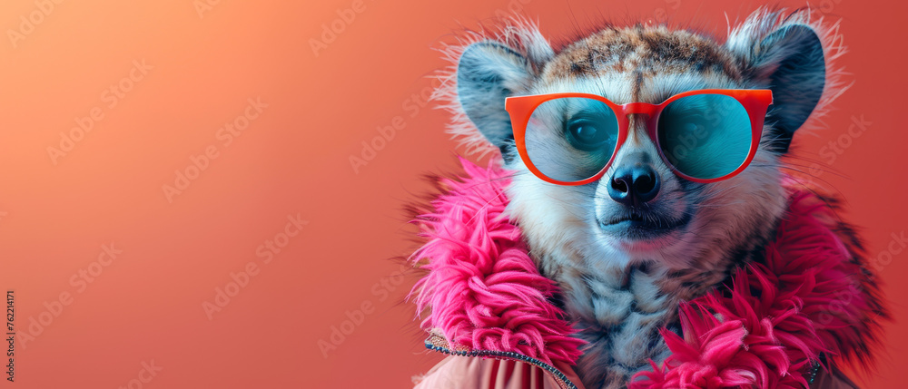 An animal's body with vibrant fur and trendy orange sunglasses is central in this setting