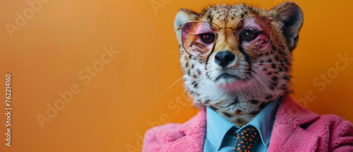 A sophisticated cheetah dressed in a pink coat, tie, and eyeglasses poses against an orange backdrop © Daniel