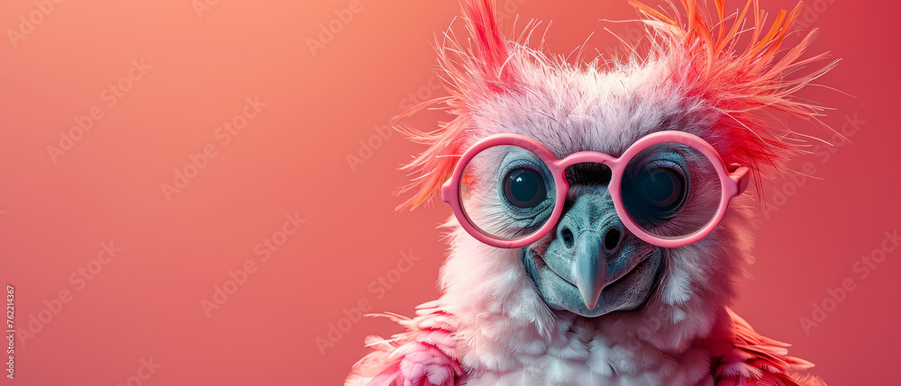 This image features a comically styled harlequin macaw with pink feathers donning oversized glasses