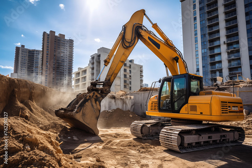 Industrial excavator at work on an urban high-rise construction site. Generative AI