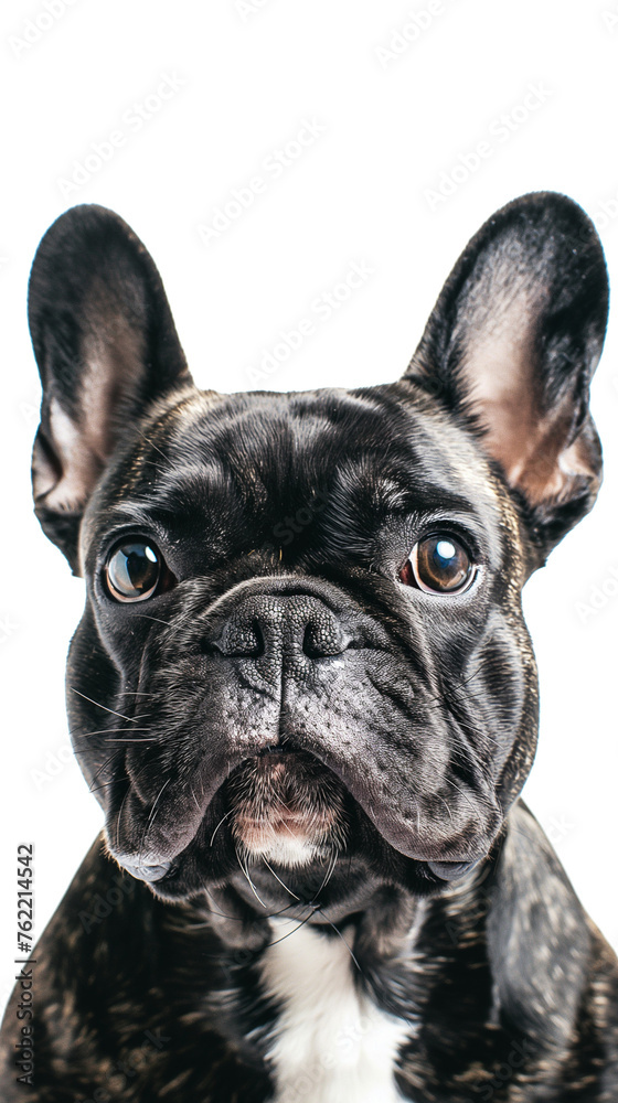 Digital photo of a French bulldog who is tired and lying, a bulldog on a white background in the background you need to leave space for text Digital photo of a French bulldog who is tired and lying, a bulldog on a white background in the background you need to leave space for text