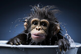 Funny monkey sitting in bath. Generative AI