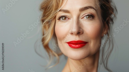 A closeup portrait of a poised mature woman with sleek silver hair and vibrant red lips, radiating graceful confidence and classic beauty. Month Menopause Day. Menopause skincare, beauty and wellbeing