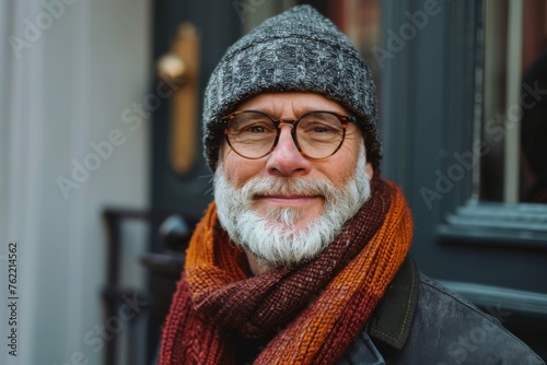 Elderly man smiling at camera. A close-up portrait of an elderly, man with a warm smile, wearing fashionable clothes. © MiniMaxi